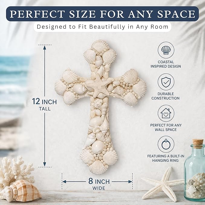 Seashell Cross Wall Decor – 12x8 Inch Handmade Religious Wall Art with Starfish, Abalone & Seashell Accents – Wall Mount Decorative Coastal Christian Cross for Wall & Room Decor by SassyXpressions