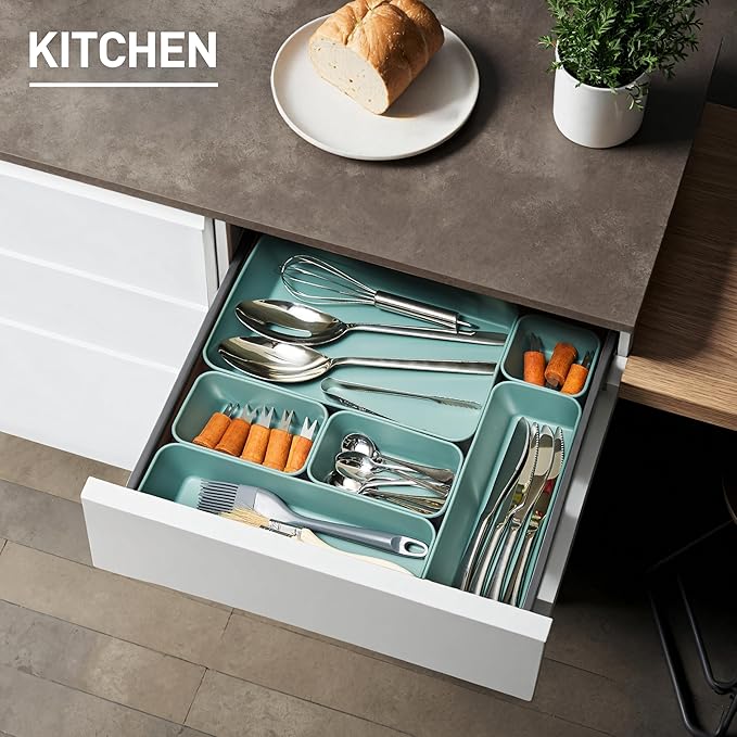 ISSEVE 8Pcs Nesting Silicone Drawer Organizer Trays, 4 Size Versatile Vanity Bathroom & Desk Drawer Organizer Set Storage Bins for Office,Kitchen,Nightstand,Green