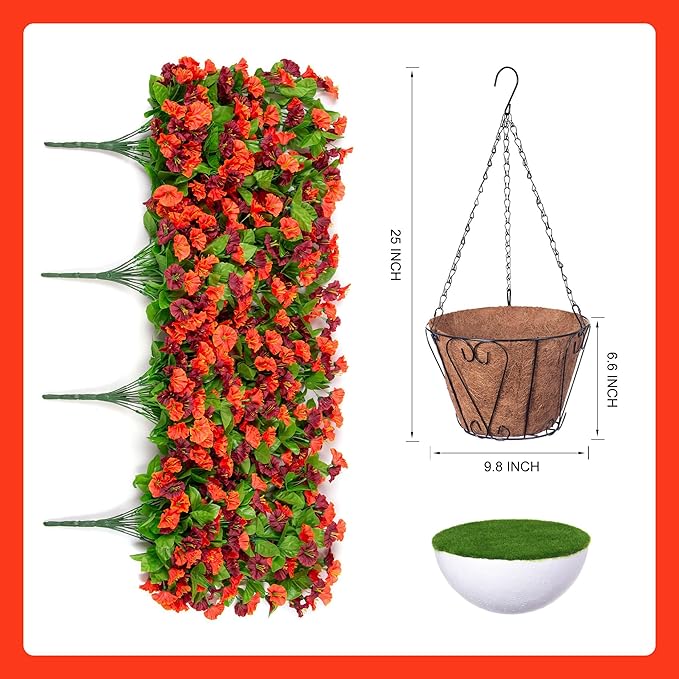 Artificial Flowers with Hanging Basket, Outdoor Faux Plants Silk Morning Glory Vines, Fake Green Arrangement for Garden Patio Spring Summer Decor(Orange Brown)