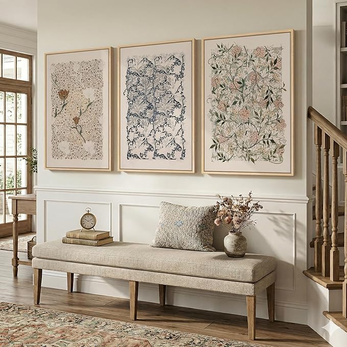 Large Framed William Morris Wall Art Set of 3, Vintage Neutral Botanical Floral Canvas Prints, Boho Nature Wall Decor for Living Room Bedroom Hallway Office, 24x36 Inch