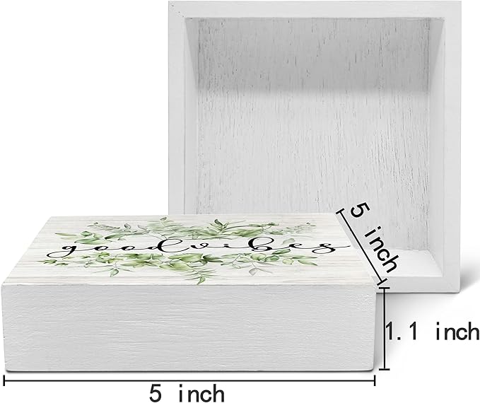 SRADMO Inspirational Botanical Eucalyptus Leaves Wood Box Sign Desk Decor, Green Rustic Eucalyptus Leaves Wooden Block Box Sign Decor for Home Office Shelf Table Decorative Accessories