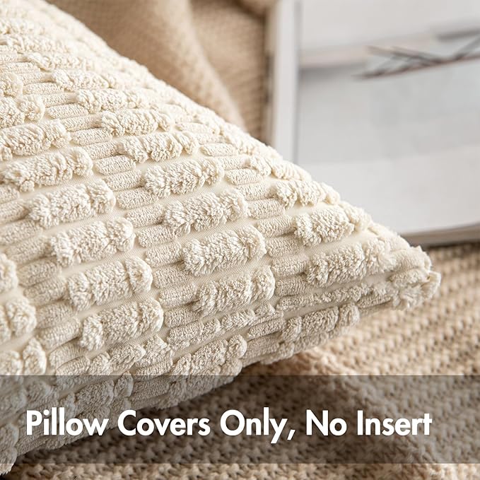 MIULEE Pack of 2 Corduroy Decorative Throw Pillow Covers 18x18 Inch Soft Boho Striped Pillow Covers Modern Farmhouse Home Decor for Sofa Living Room Couch Bed Cream White