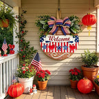 12" Patriotic Wreath Wooden Welcome Sign for Front Door, 4th of July & Memorial Day Decorations, USA 250th Anniversary Decor with Red Blue Stars Bow & Artificial Flowers for Outdoor Porch Patio Fence