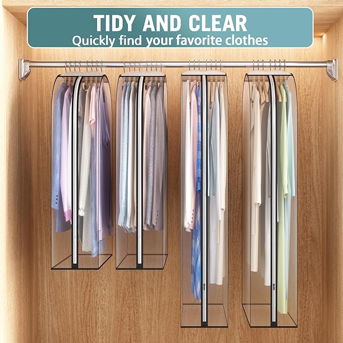 Clear Garment Bag for Hanging Clothes 10” Gusseted, (40&50") Suit Bags for Open Closet Storage Plastic Clothes Cover for Coat, Dress, Shirts, Fur, Jacket, Wardrobe Protectors, 4 Pack