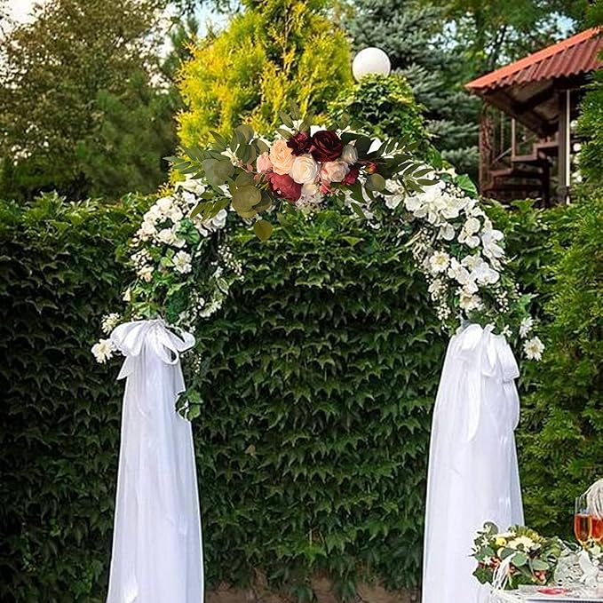 Firlar Artificial Wedding Arch Flowers Kit, 2 Pcs Decorative Floral Swag with Red Rose, Pink Peony and Eucalyptus Leaves Fake Peony Garland Wreath for Wedding Chair Party Ceremony Backdrop Decor