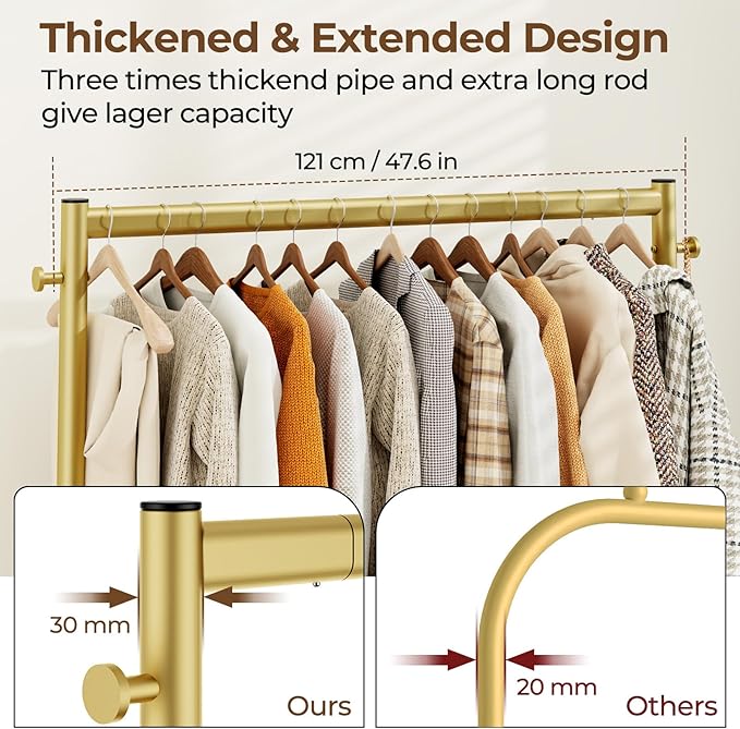 Clothes Clothing Rack, Rolling Heavy Duty Clothes Rack Load 420 LBS With Wheels, Metal Clothes Rack for Hanging Clothes, Portable Standing Clothes Garment Rack,Gold,48 inches