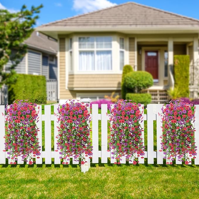 4 Bundles Fake Flowers for Spring Decor, Hanging Artificial Flowers for Outdoors, UV Resistant Spring Floral Stems for Porch, Window and Garden Decoration (4)