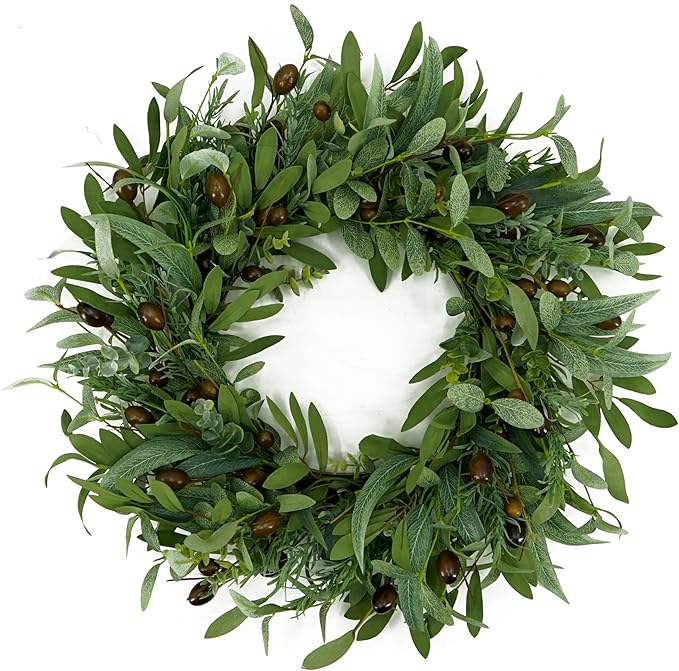 WreathDream 22 inch Olive Wreaths for Front Door Greenery Wreath with Olive Leaves, Bean for All Season Front Door Indoor Outdoor Farmhouse Home Wall Window Festival Wedding Decor