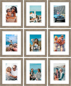Vittanly 8x10 Picture Frames Set of 9, Shatter Resistant Plexiglass, Display 5x7 Pictures with Mat or 8x10 without Mat, Photo Frames for Wall or Tabletop, Engineered Wood, Grayish Brown