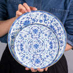 Decorative Plates Set for Display, Blue and White Ceramic Plate Decor with Stand, Handmade Vintage Porcelain Ornament for Table, Living Room, Kitchen, Perfect Chinese Style Dish Gift (8in+10in)