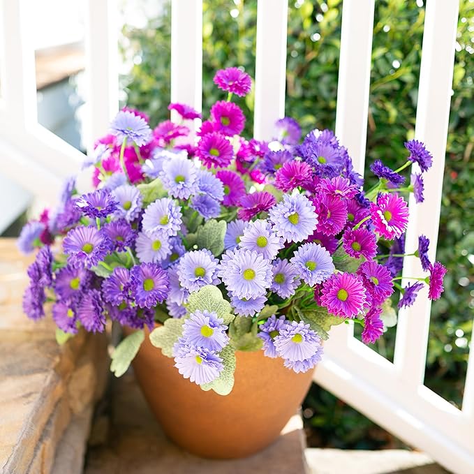 HyeFlora Artificial Flowers for Outdoors Dahlia Spring Summer Decoration, 6 Bundles Fake Daisy Faux Plants Realistic UV Resistant Silk Flowers for Outside Planter Front Door Yard Garden Home Home, Mix