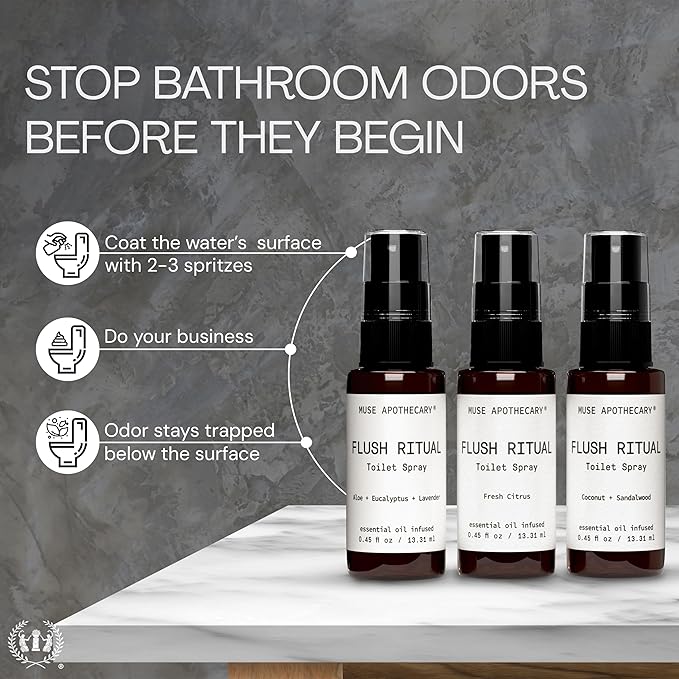Muse Apothecary Flush Ritual - Aromatic & Refreshing Toilet Spray, Use Before You Go, Infused with Natural Essential Oils - Fresh Citrus - Travel Size Mini Collection, 0.45 oz, 3 Pack