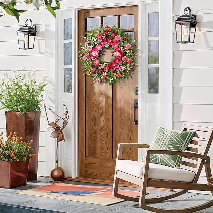 Waipfaru Spring Wreaths for Front Door, 26" Large Spring Summer Easter Wreaths for Front Door with Rose Peony Tulip Magnolia, All Seasons for Indoor Outdoor Farmhouse Home Porch Wall Window Decor