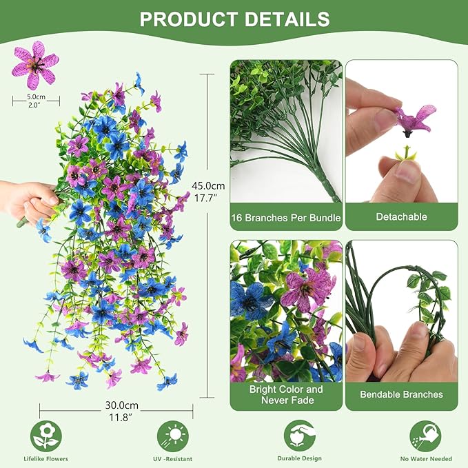 Artificial Hanging Flowers for Outdoors, 2 Pcs Fake Hanging Plant Spring Summer Decoration, UV Resistant No Fade Faux Flower for Porch Patio Yard Window Home Decor(Purple Blue)