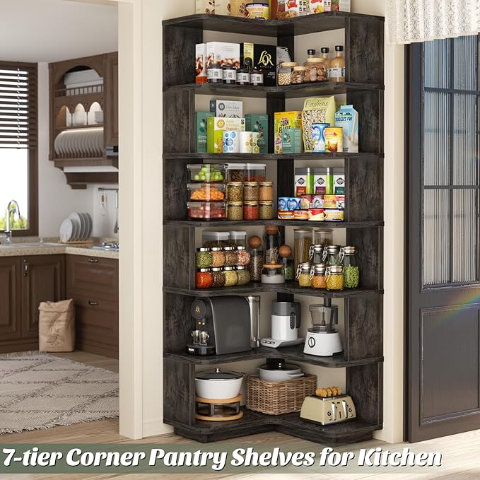 Armocity Corner Book Shelf - 7 Tier Corner Bookshelf Etagere Bookcase with Baffle, Freestanding L Shaped Display Shelf Stand for Home Office, Living Room, Bedroom, Kitchen, Grey Oak
