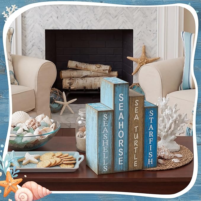 Lineshading 4 Pcs Summer Table Decoration Wooden Book Coastal Beach Decoration Blue and White Summer Tiered Tray Decor Wood Book Sign Farmhouse for Ocean Party Home Shelf Coffee Table