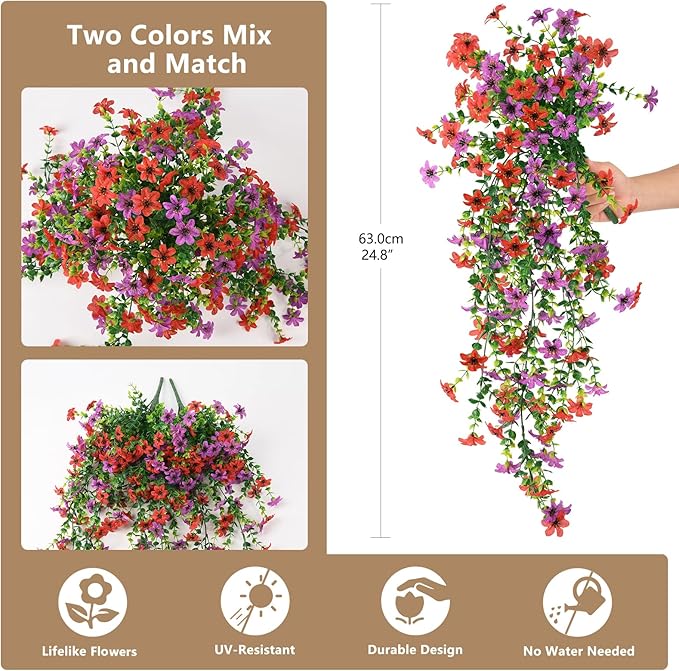 Artificial Hanging Flowers for Outdoors, 2 Pcs Fake Hanging Plant Spring Summer Decor, UV Resistant No Fade Realistic Faux Flower for Front Door Porch Planter Patio Garden Yard(Red Purple)