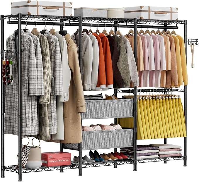 Coat Rack Clothes Wardrobe：Closet Organizer and Storage Clothing Garment Rack with Shelves Heavy Duty for Hanging Clothes Portable Adjustable Black 15.8" DX69 WX76.75 H