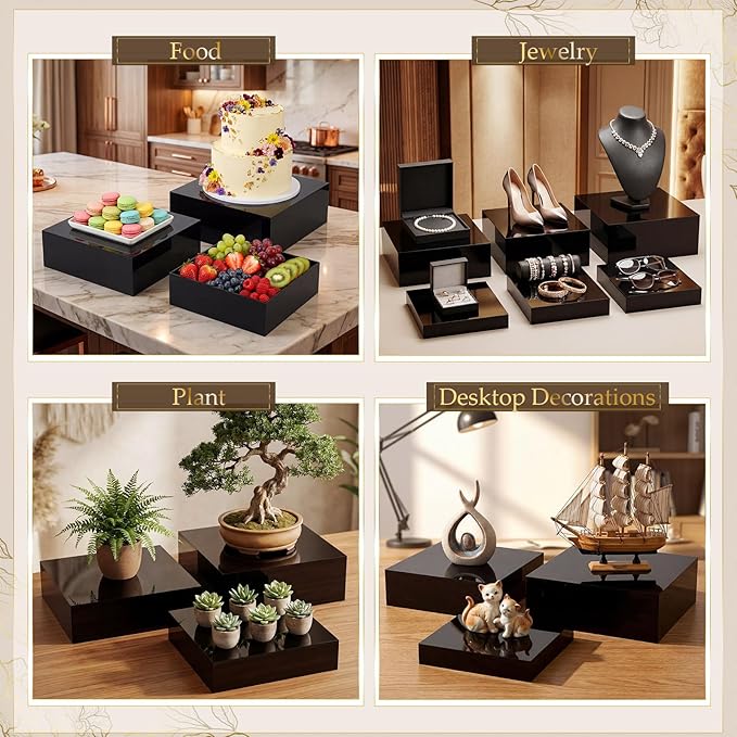 Geelin 6 Pack Acrylic Risers for Display Acrylic Cube Boxes Risers Display Stands with Hollow Bottoms Decorative Stand for Jewelry Candy Table Decor 6 Sizes(Black,10 to 15 Inch,Square)
