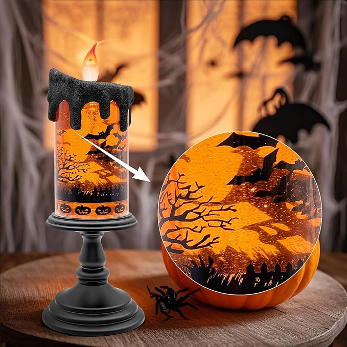 Halloween Snow Globe Flameless Candle – Lighted Halloween Glitter Lantern with Spinning Water and Timer, Pumpkin & Bat Scene Halloween Decor for Home, Party, Table Centerpiece
