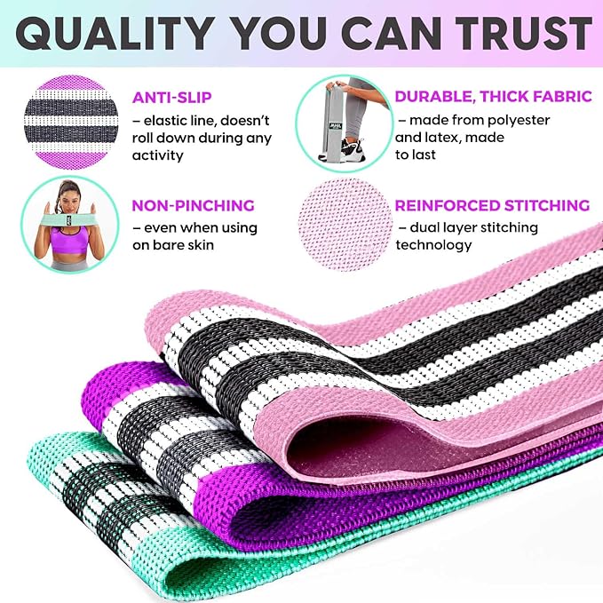 Fabric Resistance Bands for Women & Men – 4 Durable Exercise Bands for Working Out, Non-Slip & Non-Pinching Workout Bands – Multiple Resistance Levels Booty Bands for Legs Butt Glutes Hips Abs & More.