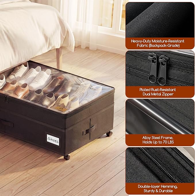 Under Bed Storage with Wheels, Adjustable Height Underbed Storage Containers, 2 Pack 65L Bins, Heavy-Duty 600D Fabric & Steel Frame for Clothes, Shoes, Bedding