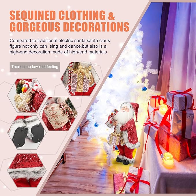 Gfilay 18 Inch Animated Plush Santa Figurine with Music and Movement, Collectible Red Sequin Coat Christmas Decoration, Singing Dancing Santa Claus Holiday Centerpiece Gift for Home or Store