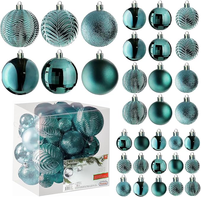 Prextex 36-Pieces Christmas Ornaments Set - Shatterproof, Festive Olive Green Christmas Tree Balls Decorations in 3 Sizes and 6 Styles with Hanging Loops for Tree, Wreath, Dazzling Holiday Party Decor