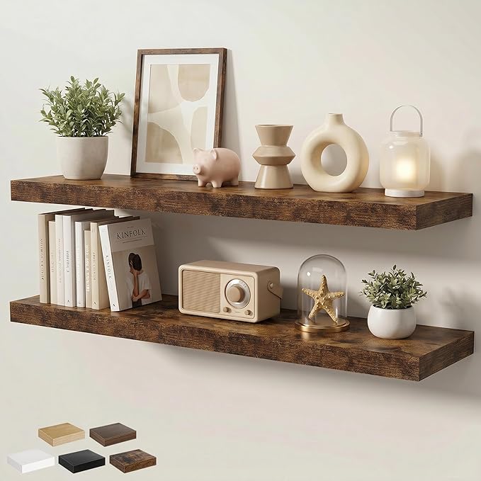 Floating Shelves for Wall 48 in x 9.3 in Deep, Wall Mounted Rustic Wood Shelf with Invisible Brackets for Storage & Display, Living Room Bedroom Bathroom, Brown, 2 Pack