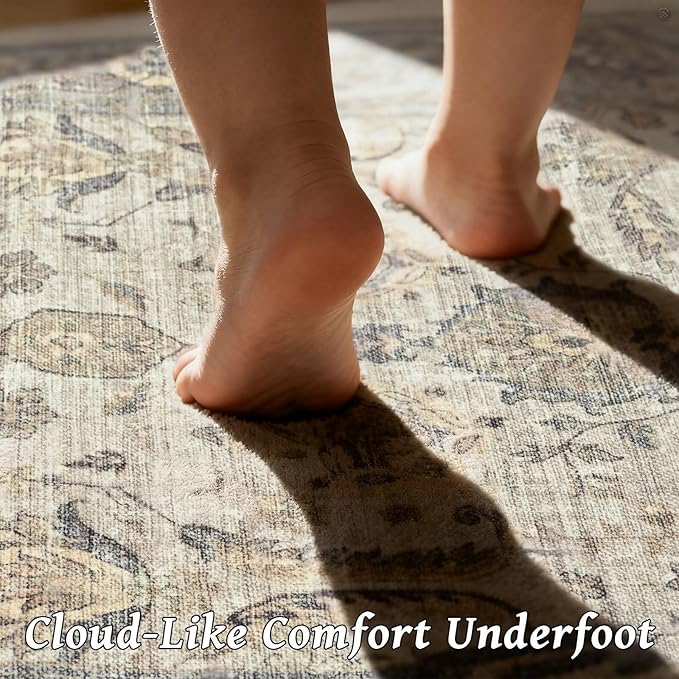 Washable 8x10 Area Rugs for Living Room, Boho Non-Slip Vintage Distress Large Rugs for Bedroom Dining Room Nursery Office, 0.3" Neutral Oriental Throw Thin Carpet, Flaxen/Brown/Multi