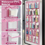 Over-the-Door Kids Shoe Organizer, Pink Shoe Rack for Door, 24 Crystal Clear Pockets, Heavy-Duty Hanging Organizer, 3 Metal Hooks for Toddler Shoes