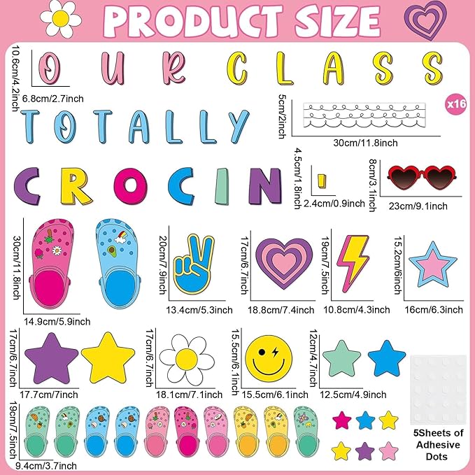 Summer Bulletin Board Decorations Set June Our Class Totally Crocin' Clsssroom Decor Smile Face Groovy Retro Colorful Shoe Charms Paper Cutouts for Back to School Chalkboard Wall Door Teacher Supplies
