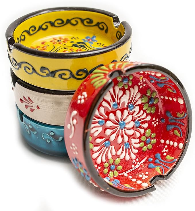 Ashtray Set for Indoor Outdoor Use Cigarette Ash Holder for Smokers Desktop Smoking Ash Tray - Home Office Decoration Hand-Paint Ceramic Cigar Ashtrays (4 Pcs - Red/Yellow/White/Green)
