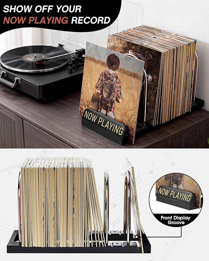 BS-VOG Now Playing Vinyl Record Stand, 50 LP Vinyl Record Storage with Non-slip Grooves, Wood Now Spinning Vinyl Record Holder for Albums Magazine Rack Magazine Organizer Record Display, Gift Package