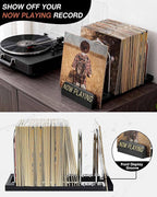 BS-VOG Now Playing Vinyl Record Stand, 50 LP Vinyl Record Storage with Non-slip Grooves, Wood Now Spinning Vinyl Record Holder for Albums Magazine Rack Magazine Organizer Record Display, Gift Package