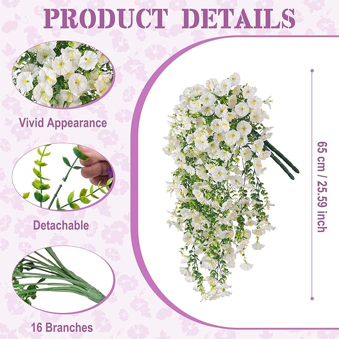 Artificial Hanging Petunias Flowers for Outdoor, 2pcs Fake Plants Long Vine Morning Glory Eucalyptus, UV Resistant Realistic Faux Greenery Indoor Outside Patio Porch Garden Spring Summer Decor, White