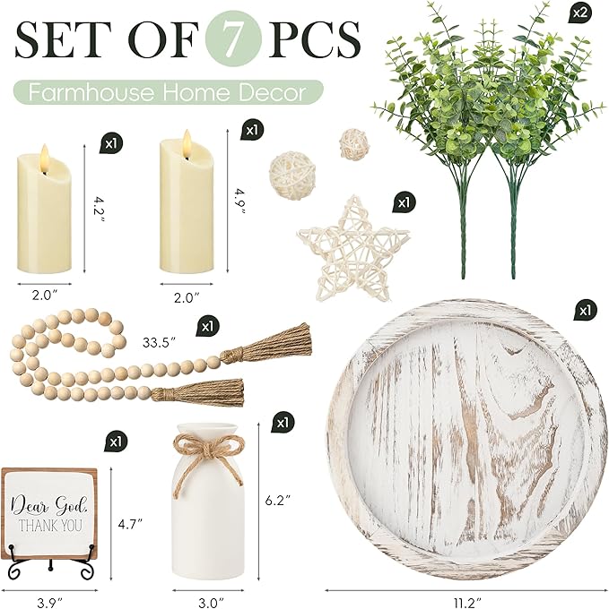 Rustic Modern Farmhouse Decor Set of 7 for Your Living Room, Kitchen Counter, Home or Table Centerpieces Room Decor, Wood Round Decorative Tray Gifts for Women Men (White)