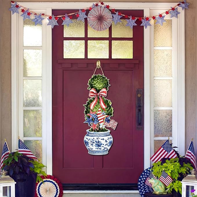 4th of July Large Size Chinoiserie Bonsai Door Hanger Patriotic Topiary Wooden Sign Front Door Home Wreath Red White and Blue Ornament for 250 Anniversary Independence Day Indoor Outdoor Yard Porch