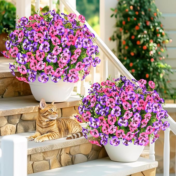 MARTINE MALL 18 Bundles Look Real Artificial Flowers for Outdoors, Realistic Fake Outdoor Flowers, UV Resistant Silk Pansy Flowers for Outside Faux Flowers Plants for Outdoor Porch Patio, Pink+Purple