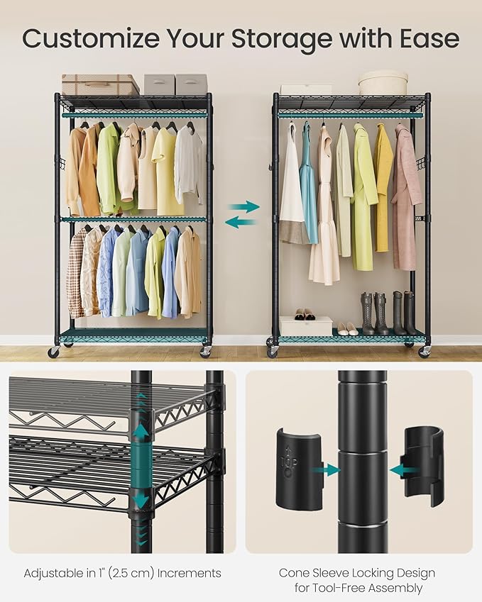 SONGMICS Heavy-Duty Rolling Clothes Rack, Garment Rack, Portable Closet on Wheels, with Adjustable Mesh Shelves and Hanging Rails, Hooks, 15.8 x 35.4 x 78.3 Inches, Ink Black ULGR416BH01
