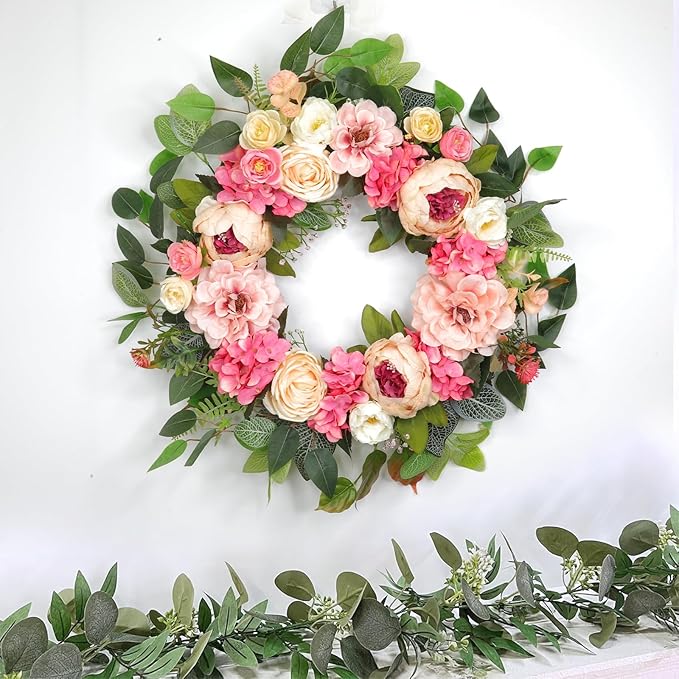 [Lighted & Timer] 22" Spring Summer Wreaths for Front Door Peony Wreath with Lights Pink Silk Flower Hydrangea Rose Green Leaves Floral Wreath for Home Wall Window Wedding Party Indoor Outdoor Decor