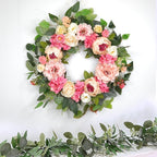 [Lighted & Timer] 22" Spring Summer Wreaths for Front Door Peony Wreath with Lights Pink Silk Flower Hydrangea Rose Green Leaves Floral Wreath for Home Wall Window Wedding Party Indoor Outdoor Decor