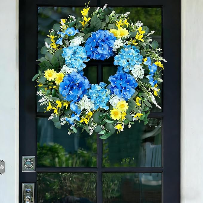 26 Inch Spring Wreaths for Front Door Outside Large Artificial Summer Wreath Silk Hydrangea Wreath with Yellow Daisy and Eucalyptus Leaves Indoor Outdoor Porch Rustic Farmhouse Home Wall Wedding Decor