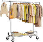 Raybee Heavy Duty Clothes Rack 75" Extra Wide, 450 LBS Clothing Rack with 4 Hooks, Lockable Wheels, Metal Garment Rack for Bedroom, Laundry Room, Commercial