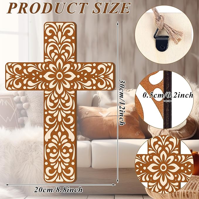 Maitys Floral Cross Wall Decor Hand Painted Decorative Inspirational Wooden Cross Mexican Art Wall Decor Mexican Crucifix for Home Room Church Decoration(Beige Talavera Tile)
