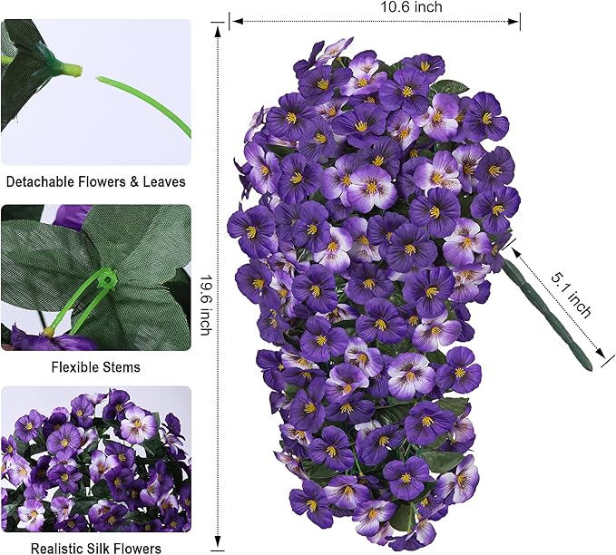 HyeFlora Artificial Flowers for Outdoors 2pcs Faux Silk Pansy Vines Lush UV Resistant Fake Hanging Flower Plants for Outside Porch Yard Patio Window Box (Light Purple)