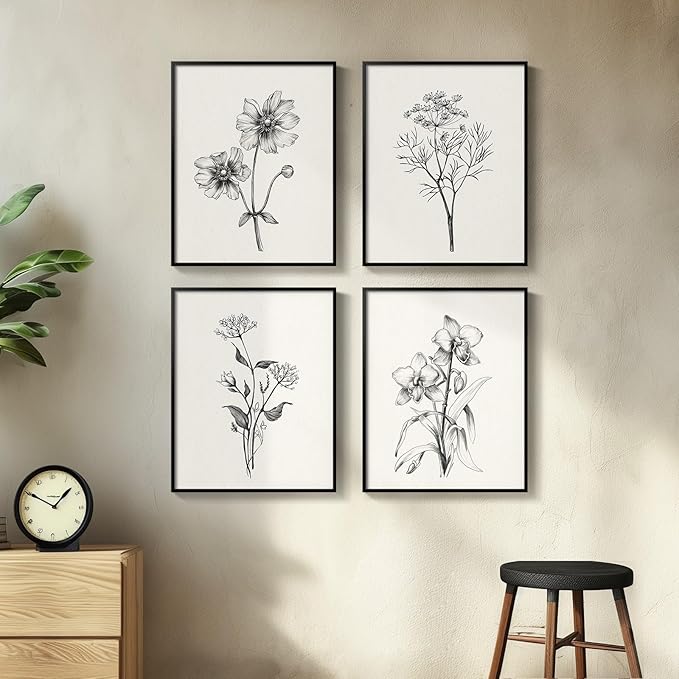Framed Black and White Floral Wall Art for Living Room, 4 Piece Vintage Botanical Canvas Painting Prints Artwork for Walls, Rustic Minimalist Flower Pictures for Bedroom Hallway Kitchen Wall Decor