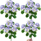 Artificial Geraniums Flowers for Outdoors Spring Decor, 4 Bundles UV Resistant Fake Geraniums Flowers Silk Faux Plants for Home Planter Gardens Table Patio Porch Indoor Cemetery Summer Decor(Purple)