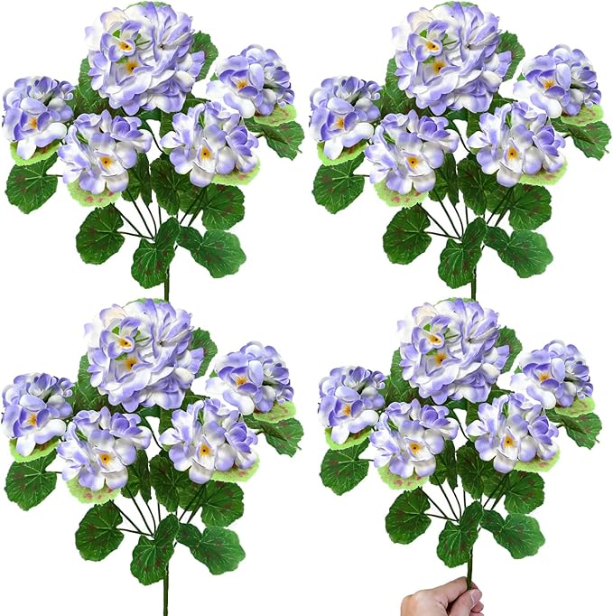 Artificial Geraniums Flowers for Outdoors Spring Decor, 4 Bundles UV Resistant Fake Geraniums Flowers Silk Faux Plants for Home Planter Gardens Table Patio Porch Indoor Cemetery Summer Decor(Purple)