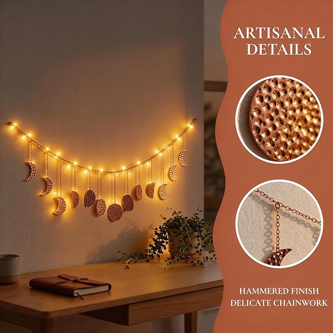 opulinea Boho Moon Phase Wall Hanging, Rose Gold Hammered Metal LED Celestial Garland for Bedroom Witchy Home Christmas Decor